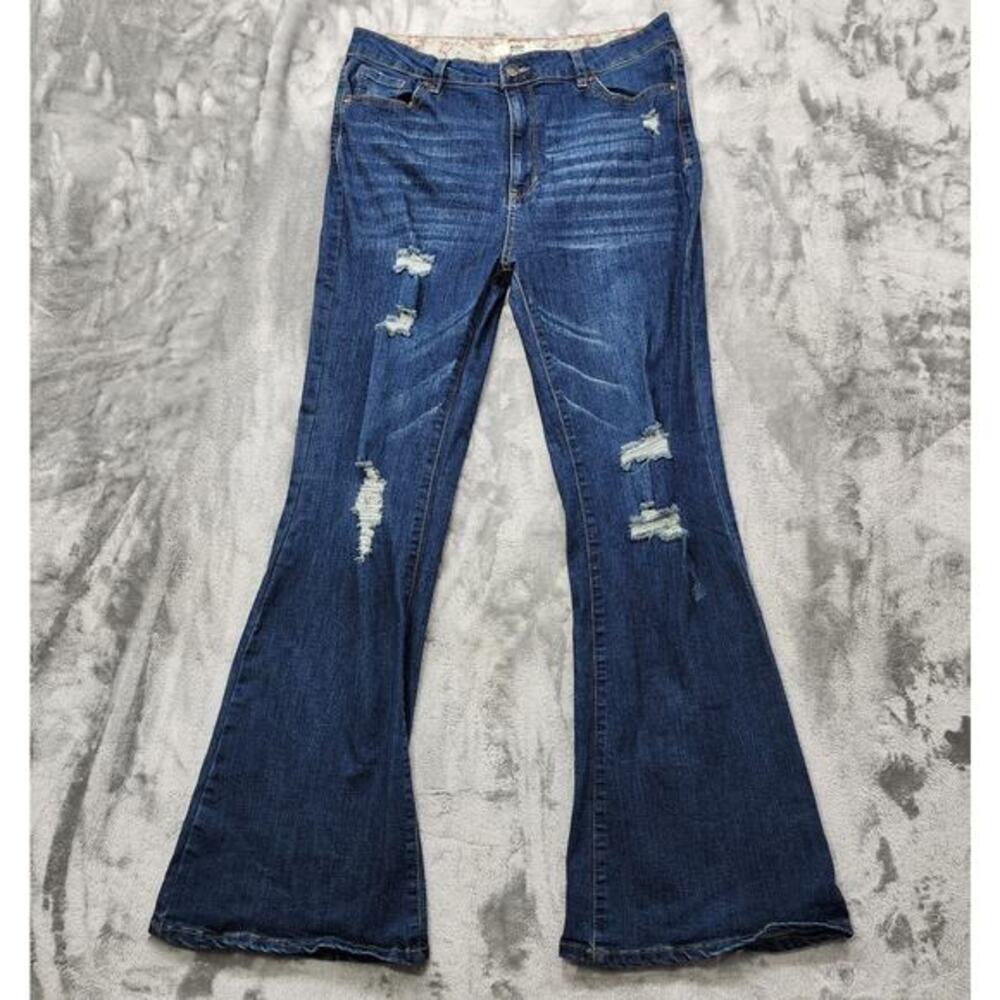 Madden NYC Jeans Womens 15 Juniors Blue Distressed High Rise Flare Leg Stretch